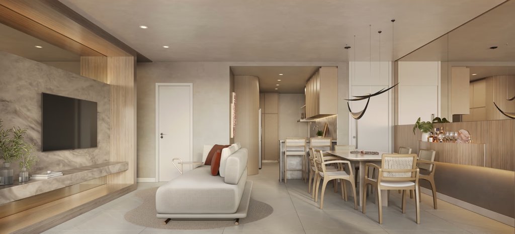Living de apartamento decorado em tons claros — padrão Mivita