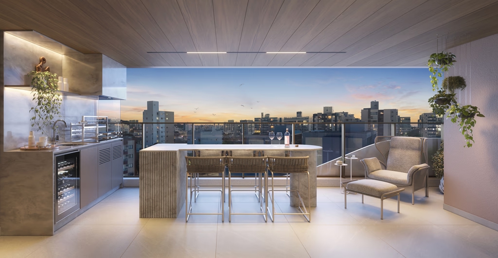 Rooftop bar com vista da cidade ao pôr do sol — padrão Mivita
